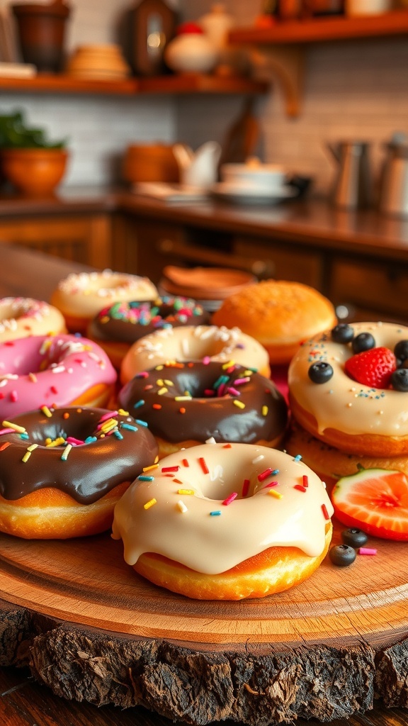 A variety of freshly made donuts with colorful glazes and sprinkles on a wooden platter.